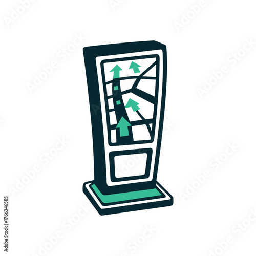 City Map Kiosk Illustration with Green Arrows A cream ivory city map kiosk stands tall on a bone surface