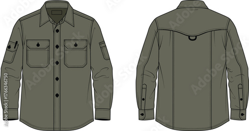 Men's Olive Green Long Sleeve Utility Work Shirt Technical Drawing, Double Pocket Button-Up Vector Flat Sketch, Military Inspired Apparel Template