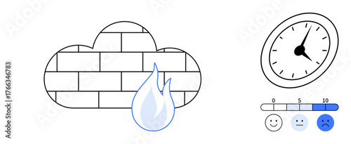 Brick cloud firewall with flame overlay, clock for performance evaluation, feedback scale with happy to sad faces. Ideal for security, data management, performance, analysis, feedback, reliability