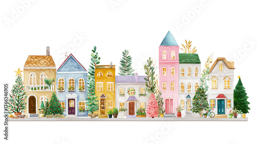 Colorful row of charming, whimsical houses decorated with plants and Christmas trees on a black background