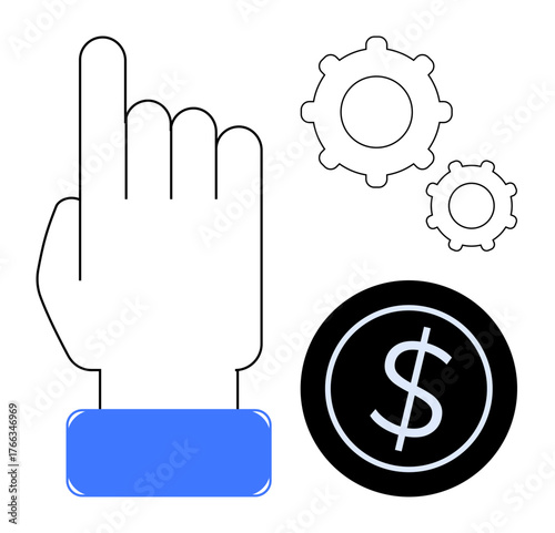 Hand pointing upward, cogwheels, and dollar sign icon depicting financial transactions, automation, and technology. Ideal for business, online payment, fintech, economy productivity banking