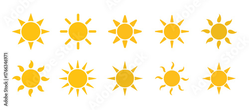 Collection of ten yellow sun icons with radiant rays and subtle color gradients isolated on white background