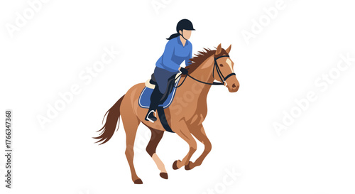 Equestrian woman in blue riding attire on a brown horse galloping across a white background