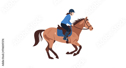Equestrian activity a person riding a horse in a blue jacket and helmet on a white background