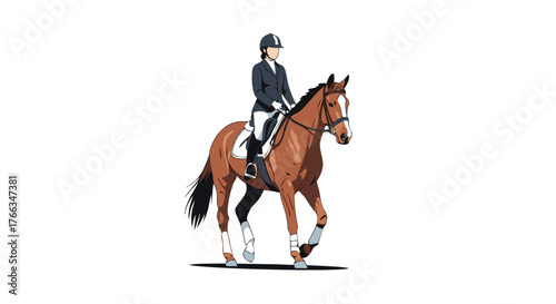Equestrian athlete riding a horse in a formal competition, showcasing discipline and skill in the sport of dressage on a white background
