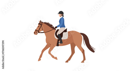 Illustration of a person riding a horse in a blue jacket and white pants with a black helmet, on a white background