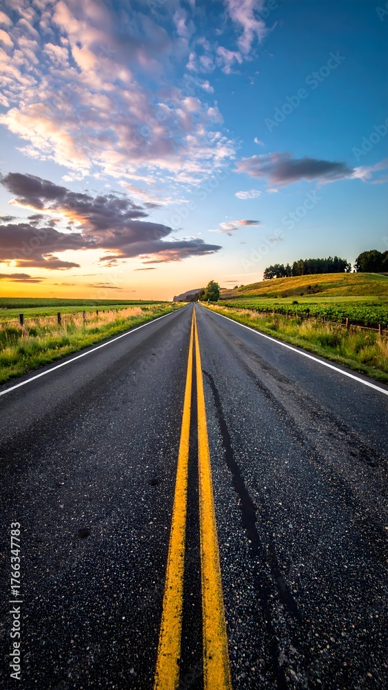 Naklejka premium A scenic, straight road with double yellow lines stretches toward the horizon under a vibrant sunset sky with scattered clouds and rolling green hills