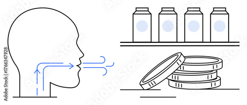 Head silhouette with airflow arrows, pill containers on shelf, medicine blister packs. Ideal for healthcare, nutrition, respiratory health, pharmaceutical industry, medication guidance, wellness