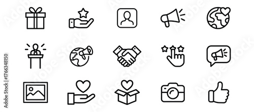 Brand ambassador thin line icons set for marketing and social media promotion isolated on white background