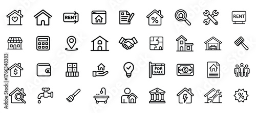 Set of thin line real estate icons representing property and transactions isolated on white background