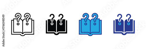 Open book with question marks on pages, representing knowledge, learning, and inquiry, isolated on white background