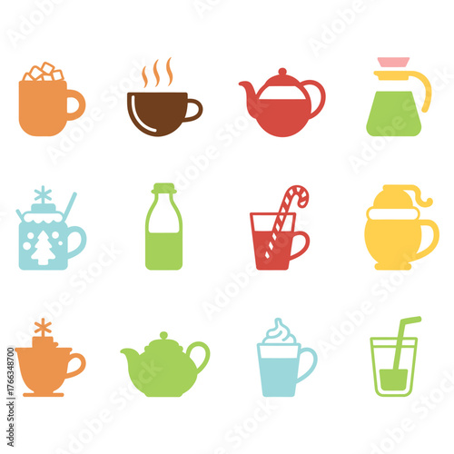 Colorful Hot and Cold Winter Beverage Icons Set