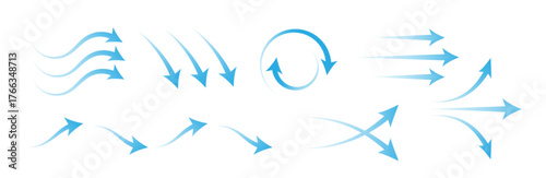 “Blue Motion Arrow Set – Stylized Flow, Rotation, Divergence & Wave Patterns for Physics, Engineering & Abstract Design Concepts”