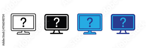 Four different computer monitor icons with question marks on screen, representing uncertainty or unknown information