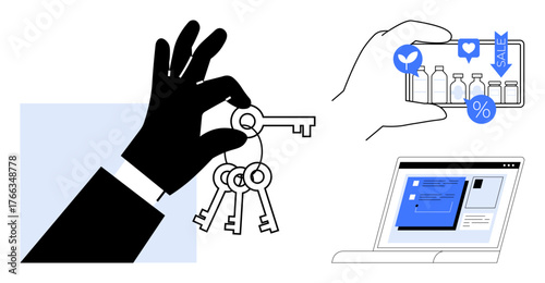 Hand holding keys, smartphone with product analytics, and laptop symbolizing control, analytics, and accessibility. Ideal for business, security, marketing, technology advertising e-commerce