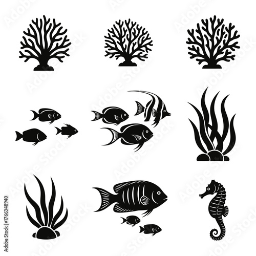 Black silhouettes of diverse marine life and underwater plants, including corals, fish, seaweed, and a seahorse, on a white background.
