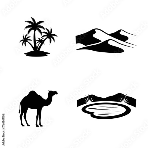 Desert icons: palm trees, dunes, camel, and oasis in black and white.