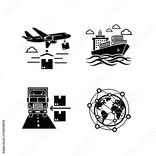 Icons illustrating global logistics and transportation methods: air cargo, sea freight, road delivery, and worldwide network.
