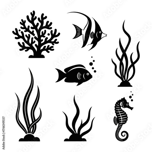 Stylized black silhouettes of diverse marine life and aquatic plants, including fish, coral, seaweed, and a seahorse.