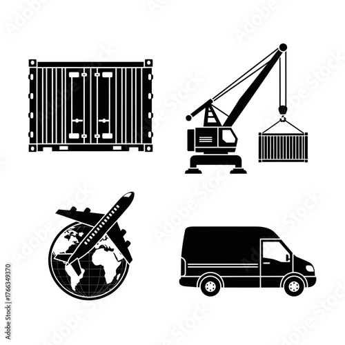 Set of black silhouettes depicting various transport and logistics elements, including a shipping container, a crane, an airplane flying over a globe, and a delivery van.