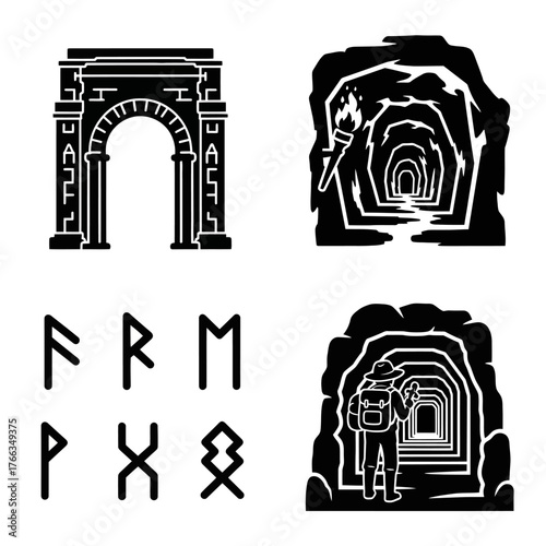 Set of four black and white icons depicting a Roman arch, a torchlit cave, runic symbols, and an explorer entering a tunnel.