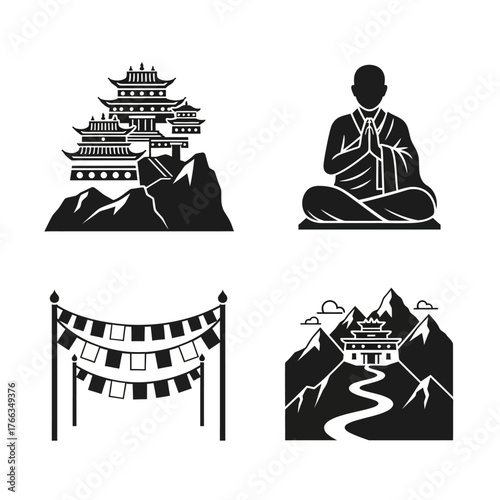 Four black and white icons depicting Tibetan Buddhist culture, including temples on mountains, a meditating monk, and prayer flags.