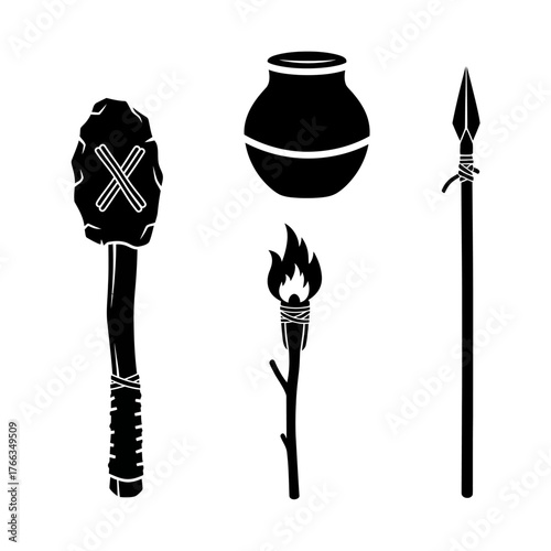 Black silhouettes of primitive ancient tools and weapons including a club, pot, torch, and spear on a white background.