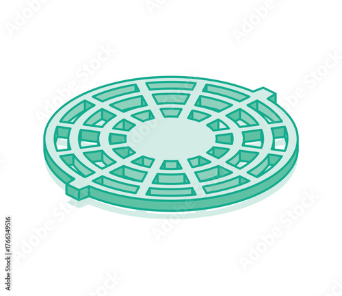 Isometric outline round manhole cover. Urban infrastructure and sewer system element. Illustration.