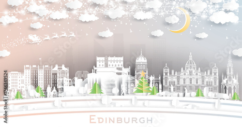Edinburgh Scotland. Winter city skyline in paper cut style with snowflakes, moon and neon garland. Christmas and new year. Santa Claus on sleigh. Edinburgh cityscape landmarks.