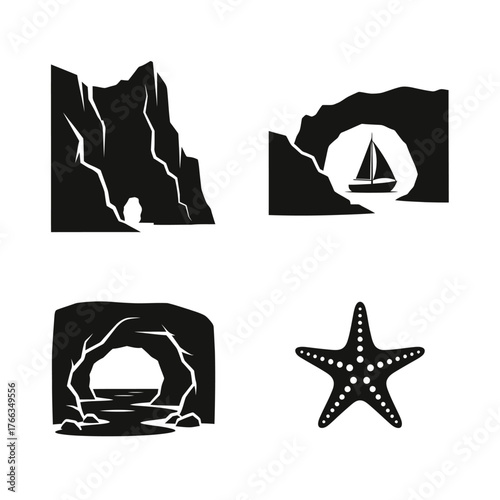 Set of black silhouettes depicting sea caves, rock arches, and a starfish, representing marine and coastal elements.