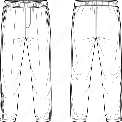 Technical Flat Sketch Vector of Loose Fit Jogger Pants with Elastic Waistband, Ankle Cuffs, Side Pockets, Front and Back View for Fashion Design