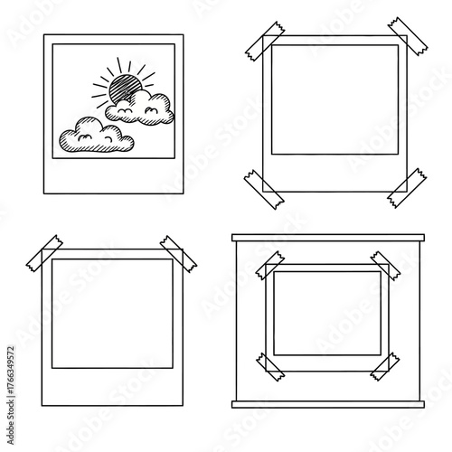 Hand-drawn sketch set of four vintage polaroid photo frames, some taped to a surface, with one containing a sun and clouds doodle.
