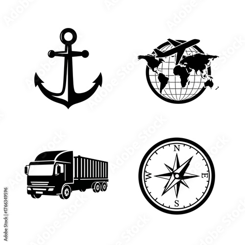 A collection of black and white icons representing various modes of transport, global travel, shipping, logistics, and navigation.
