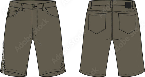 Technical Flat Sketch Vector of Casual Denim Style Shorts with Curved Pockets, Hem Detail, Front and Back View for Fashion Design and Garment Manufacturing