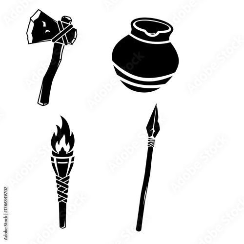 Black and white silhouettes of ancient tools including an axe, a pot, a burning torch, and a spear.