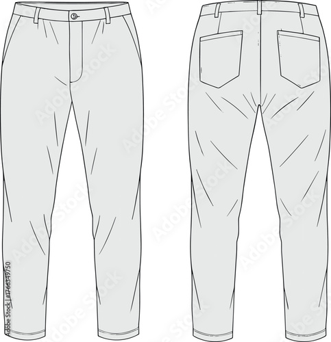 Technical Flat Sketch Vector of Men's Cropped Chinos Trousers, Tapered Fit, Back Patch Pockets, Front and Back View for Fashion Design and Casual Wear