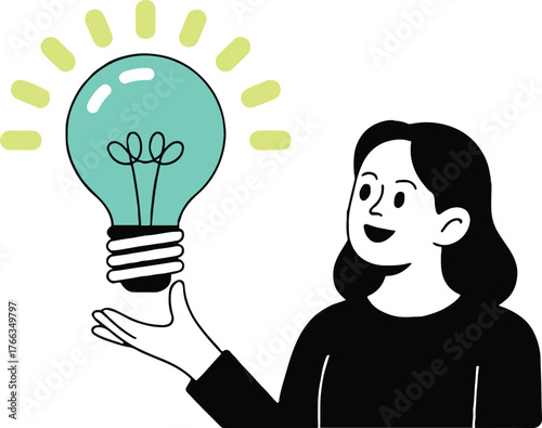 Illustration of woman holding a glowing light bulb representing creativity and new ideas