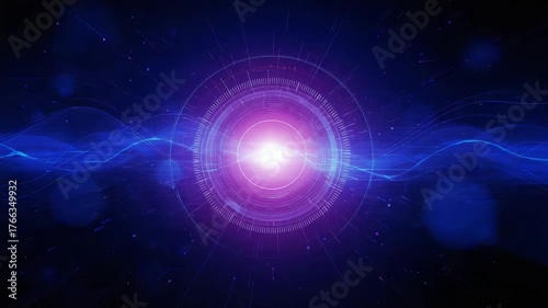 Futuristic abstract glowing purple and blue energy core with radiating light waves and circular patterns on dark background