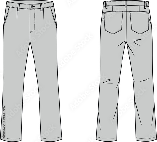 Technical Flat Sketch Vector of Men's Straight Leg Casual Trousers with Set-in Waistband, Angled Side and Back Patch Pockets, Front and Back View