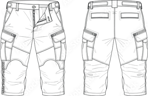 Technical Flat Sketch Vector of Men's Tactical Utility Crop Pants with Zipper Pockets, Reinforced Knees, Front and Back View for Fashion Design