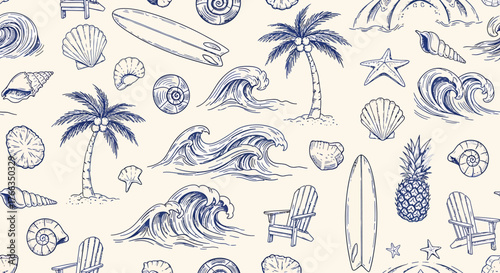 Seamless hand-drawn beach and ocean-themed pattern with palm trees, waves, surfboards, seashells, and beach chairs.
