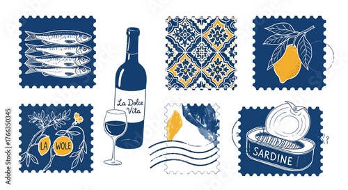 Collection of postage stamps featuring sardines, wine, patterns, fruit, and other elements.