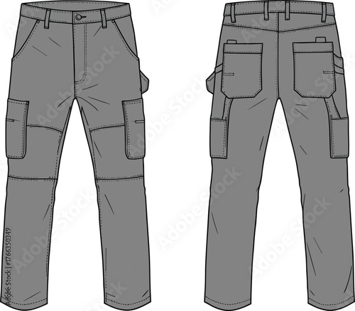 Technical Flat Sketch Vector of Men's Workwear Cargo Trousers with Side and Back Patch Pockets, Front and Back View for Garment and Fashion Design
