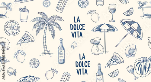La Dolce Vita themed background with food and drink illustrations.