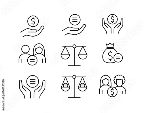 A set of vector icons representing the concept of equal pay and fair compensation, created in line style with editable stroke