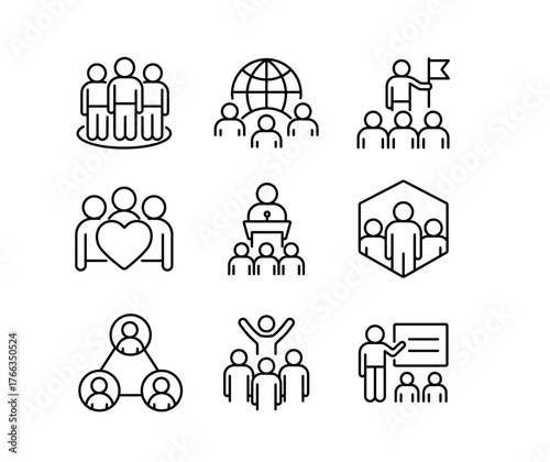 A set of vector icons representing employee resource groups, teamwork, and workplace inclusion, created in line style with editable stroke