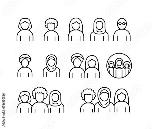 A set of vector icons representing ethnic diversity and multicultural representation, created in line style with editable stroke