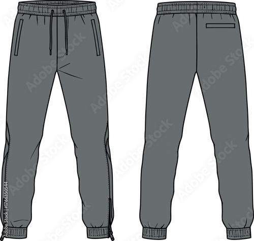 Technical Flat Sketch Vector of Modern Jogger Pants with Drawstring Elastic Waist, Zip Pockets, Ankle Zips, Front and Back View for Activewear Design