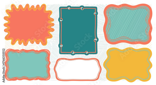 A collection of six colorful, decorative frames with unique shapes and designs.
