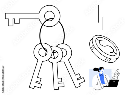 Cluster of keys on a ring, a falling coin, and a professional working on a laptop. Ideal for security, finance, strategy, problem-solving, economy decision-making simplicity. Minimal flat metaphor